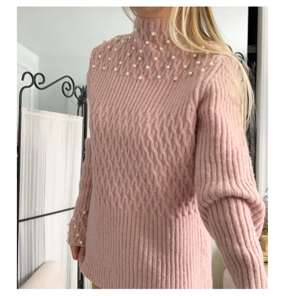 BELLDINI blush pink & pearls beaded sweater
